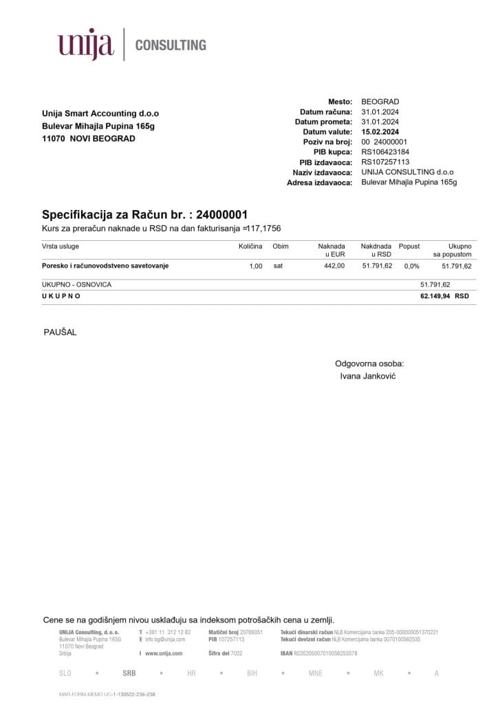 Primerak računovodstvene isprave kompanije Unija Smart Accounting doo