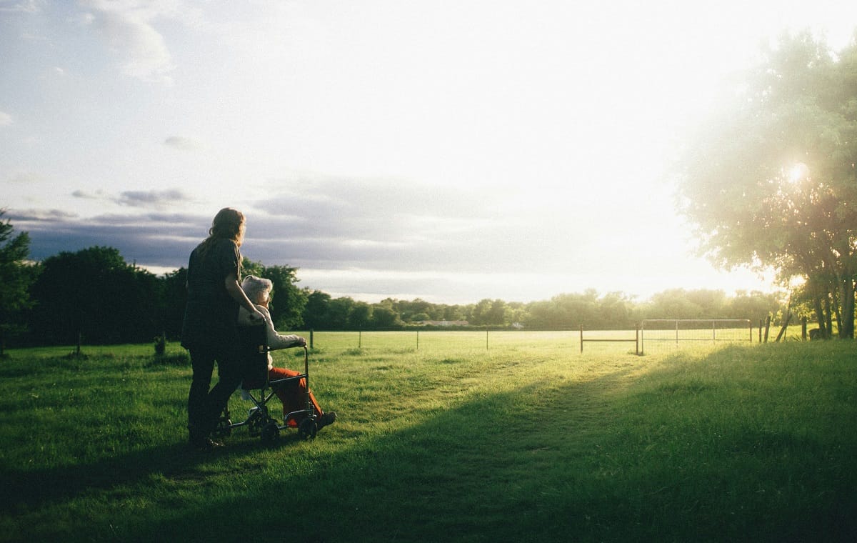 Younger person holding an old lady in a wheelchair on a meadow, long-term care