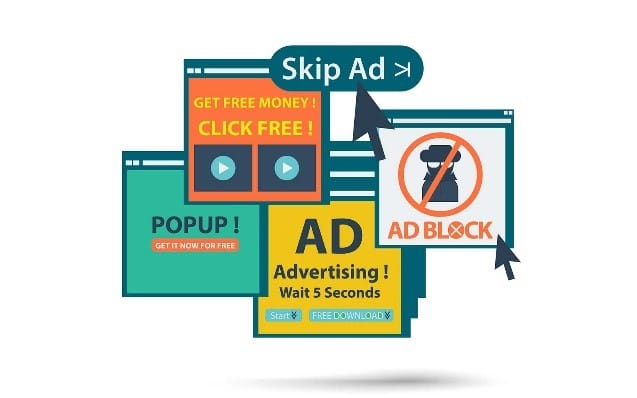 Ilustracija koja prikazuje razne iskačuće reklame i upozorenja, uključujući poruke poput "Skip Ad", "Get Free Money!", "Popup!", i "Ad Block". 