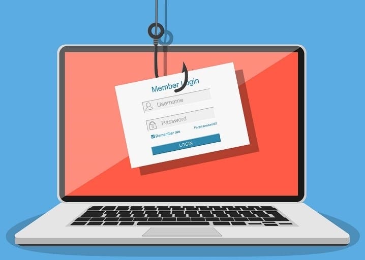 Ilustracija koja prikazuje phishing napad, s laptopom na kojem je prikazan ekran crvene boje i zakačena kartica za prijavu pomoću udice.