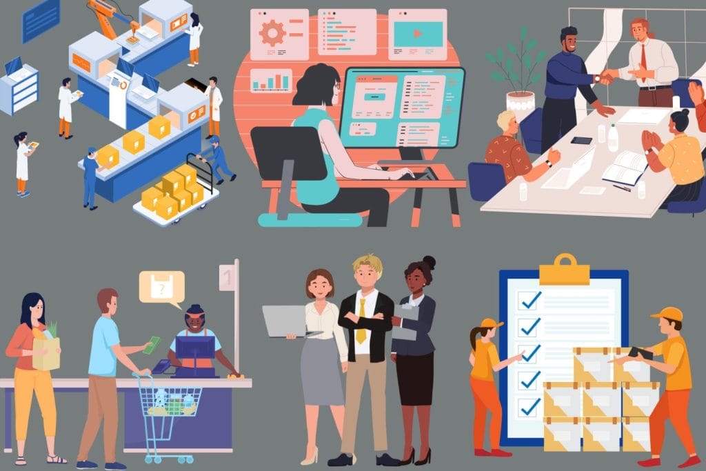 Ilustracija različitih industrija, poslovnih procesa i računovodstvenih usluga – simbol sveobuhvatnih računovodstvenih rješenja prilagođenih svim sektorima.