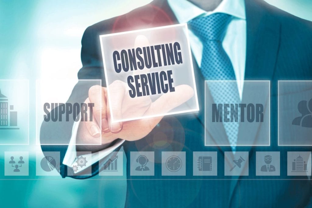 A businessman is pressing a button labeled „consulting service“ on virtual screen. An illustration symbolizes tax consulting services.