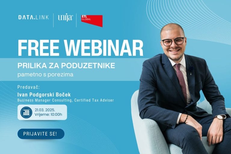 Plakat za besplatan webinar s Ivanom Podgorskim Bočkom, Business Manager Consulting i certificiranim poreznim savjetnikom, na temu "Prilika za poduzetnike - pametno s porezima". Webinar će se održati 21. ožujka 2025. u 10:00 h.