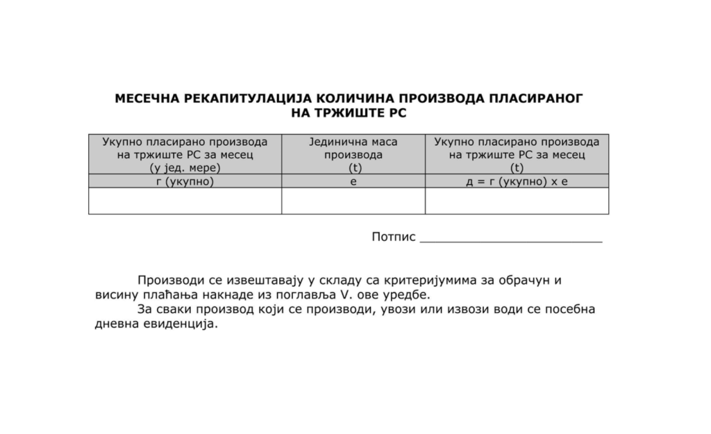 Druga stranica obrasca koja sadrži mesečnu rekapitulaciju količine plasiranih proizvoda