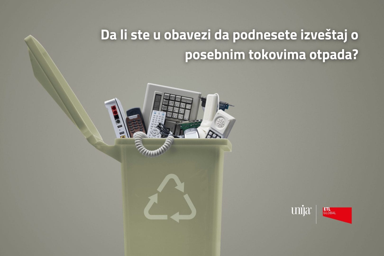 Kanta za reciklažu iz koje vire elektronski uređaji. Ilustracijom su simbolizovani posebni tokovi otpada.