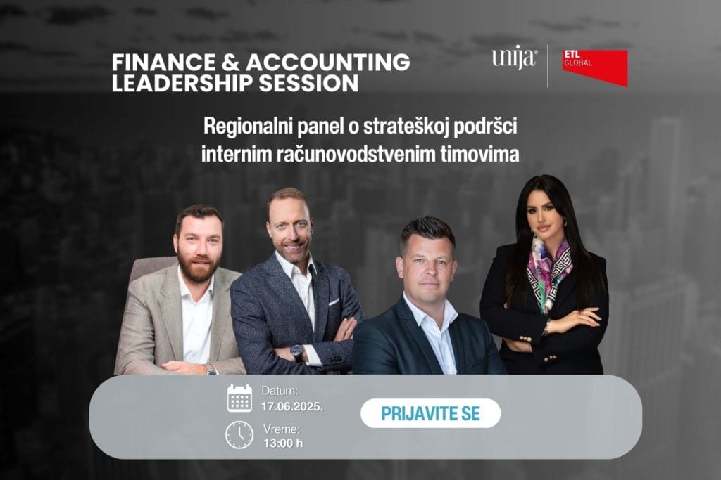 Učesnici panela na Finance & Accounting Leadership Session događaju: četiri profesionalca iz Unije i ETL Global, sa informacijama o datumu i vremenu događaja - 17.06.2025. u 13:00 časova.
