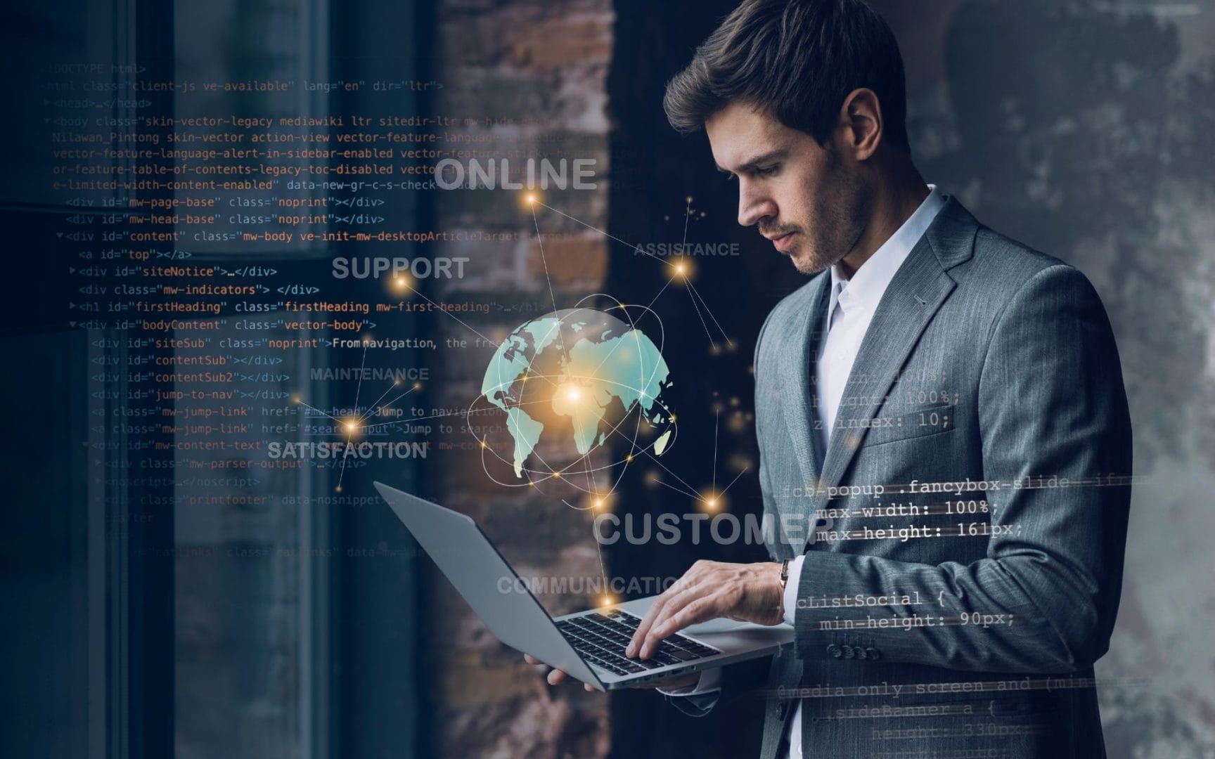 Poslovnež z računalnikom ob digitalni vizualizaciji sveta, ki simbolizira prenovo poslovnega registra in digitalizacijo postopkov.