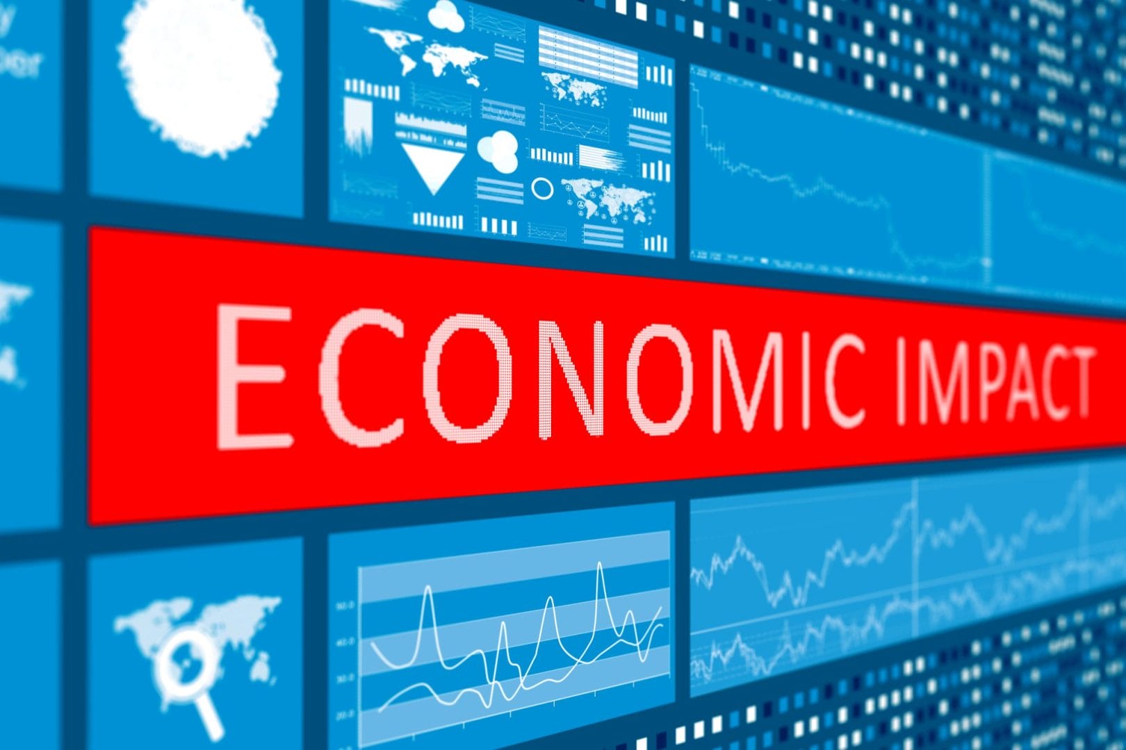 Digitalni prikaz natpisa Economic impact okruženog grafikonima, mapama i ikonicama kao simbol krize uzrokovane virusom korona zbog kojeg se vrši isplata državne pomoći.