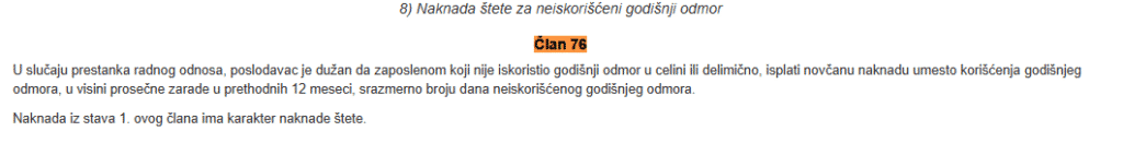 Prikaz člana 76 Zakona o radu o naknadi štete za neiskorišćeni godišnji odmor.