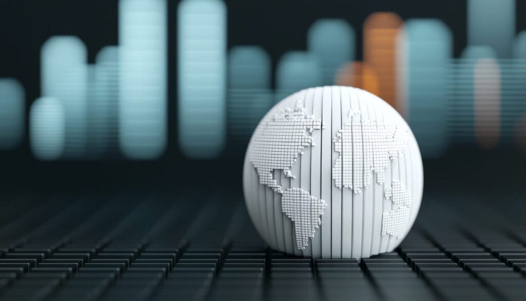 Stilizirani bijeli globus s ucrtanim kontinentima na digitalnoj podlozi s apstraktnim grafičkim elementima u pozadini