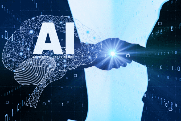Две лица се ракуваат во позадина, додека во преден план е натписот „AI, Artificial Intelligence“, што ја симболизира улогата на вештачката интелигенција во деловното работење.