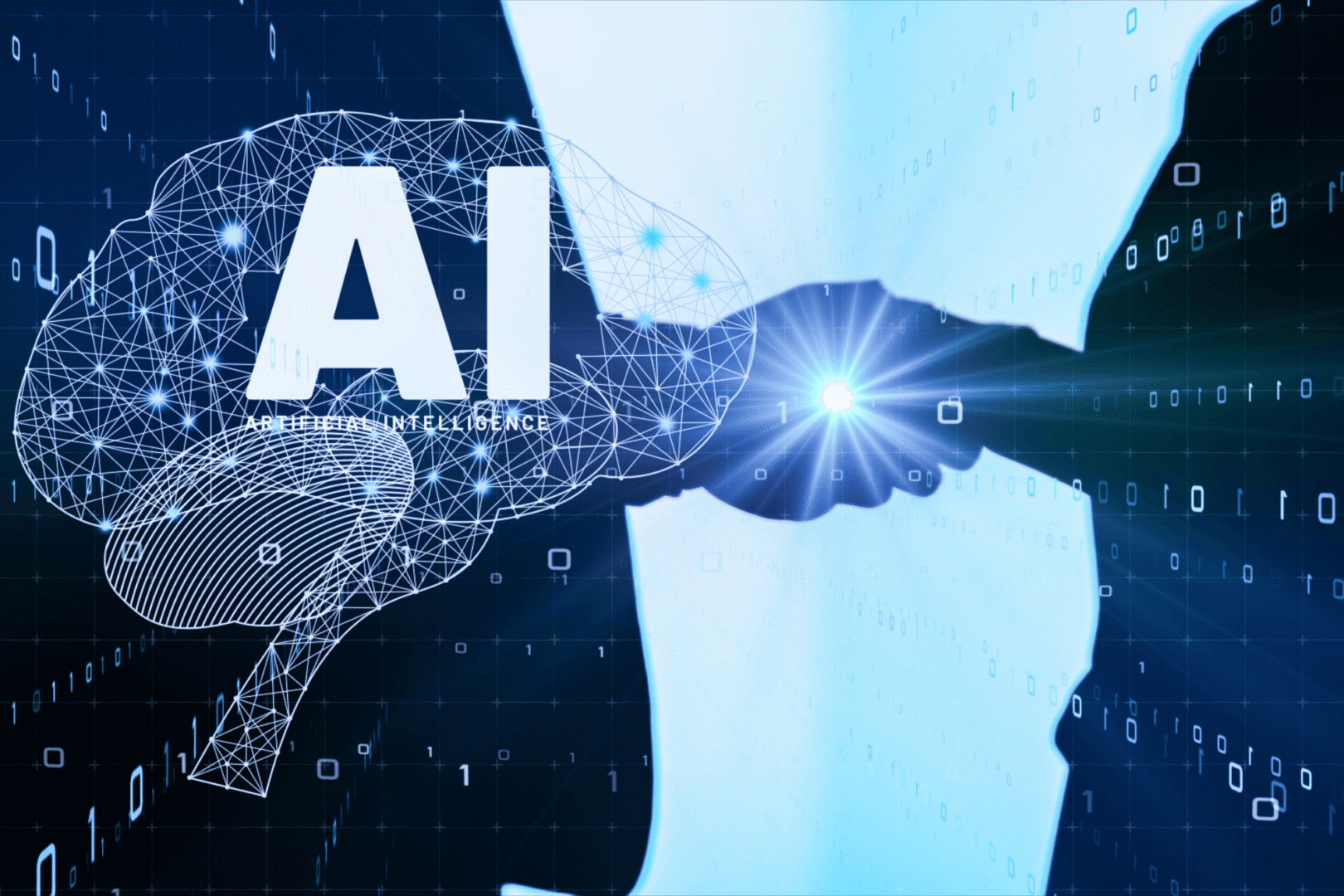 Две лица се ракуваат во позадина, додека во преден план е натписот „AI, Artificial Intelligence“, што ја симболизира улогата на вештачката интелигенција во деловното работење.